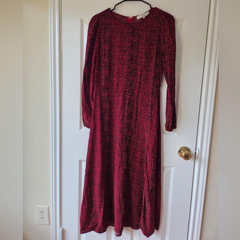 LOFT Midi Dress 2 Red and Black Leopard Animal Print Slit Dress - Picture 12 of 12
